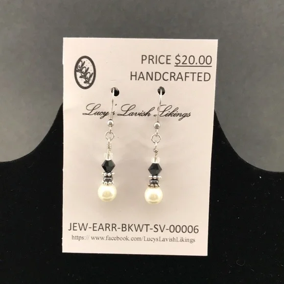 HANDCRAFTED EARRINGS—FISHHOOK DANGLES—Black Bicone/Wht Bead/Silvertone Findings - Picture 3 of 8